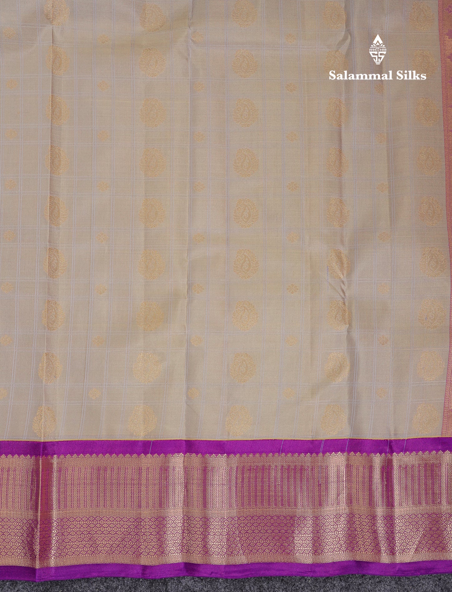 Beautiful Light Grey Pure Kanjivaram Silk Saree With Traditional Violet Border