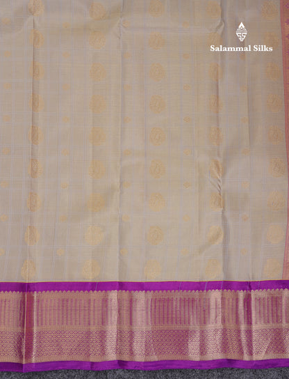 Beautiful Light Grey Pure Kanjivaram Silk Saree With Traditional Violet Border