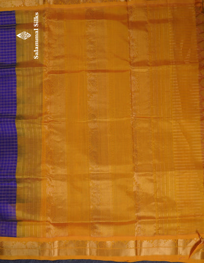Royal Blue Checks Pure Silk Cotton Saree With Contrast Mustard Yellow Traditional Border