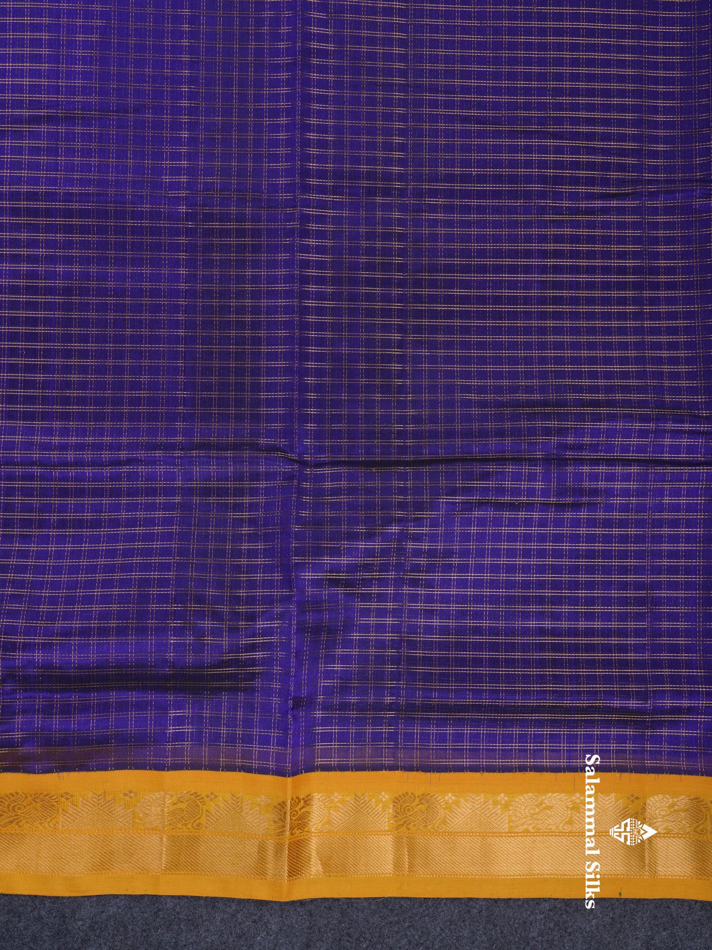 Royal Blue Checks Pure Silk Cotton Saree With Contrast Mustard Yellow Traditional Border