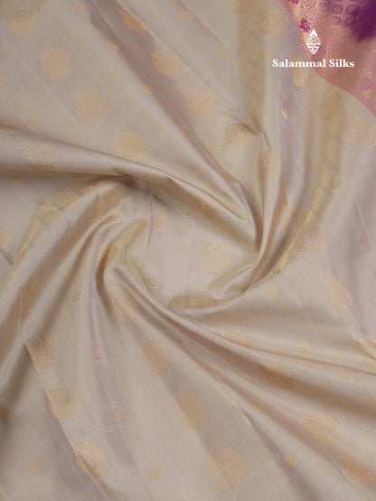 Beautiful Light Grey Pure Kanjivaram Silk Saree With Traditional Violet Border