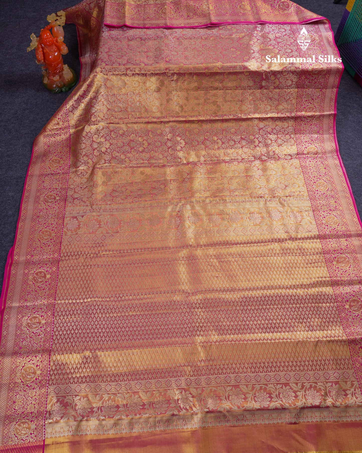Beautiful Pink Tissue Bridal Menakari Work Pure Kanjivaram Silk Saree With Contrast Magenta Pink Fancy Border