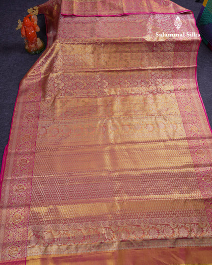 Beautiful Pink Tissue Bridal Menakari Work Pure Kanjivaram Silk Saree With Contrast Magenta Pink Fancy Border