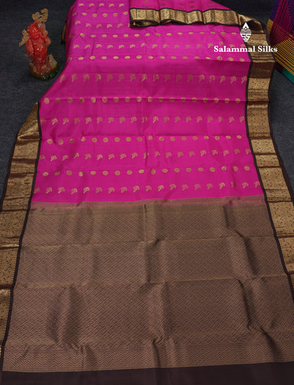 Beautiful Magenta Pink Pure Kanjivaram Silk Saree With Traditional Dark Brown Border