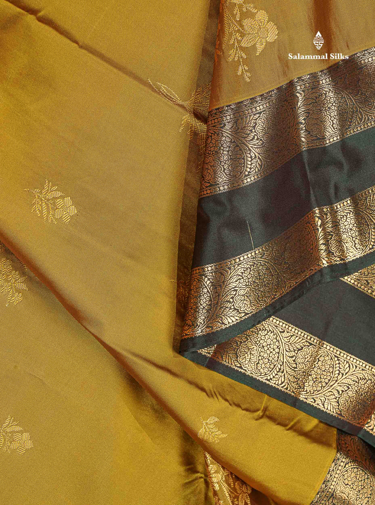 Semi Silk Saree - Olive Mustard Yellow Colour Body Zari Butta With Bottle Green Gap Border