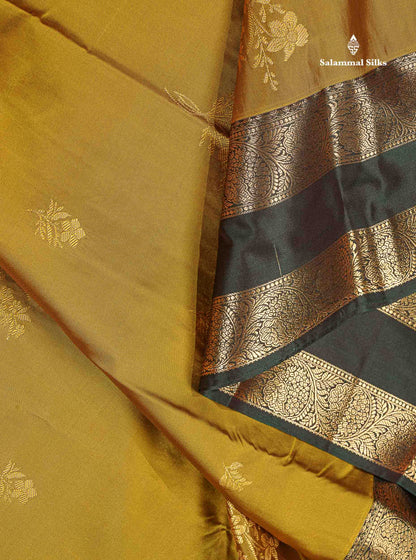 Semi Silk Saree - Olive Mustard Yellow Colour Body Zari Butta With Bottle Green Gap Border