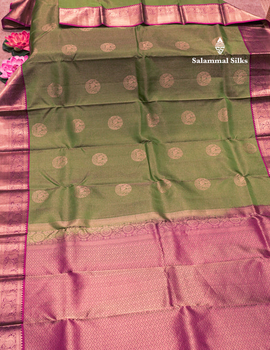 Green Colour Kanjivaram Pure Silk Saree With Magenta Traditional Border