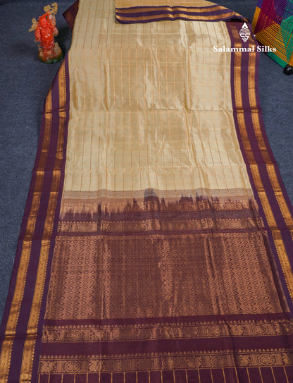 Beige Checks Pure Silk Cotton Saree With Contrast Dark Violet Rettapet Traditional Border
