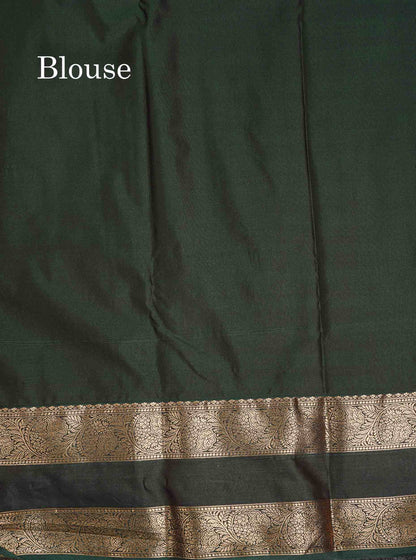 Semi Silk Saree - Olive Mustard Yellow Colour Body Zari Butta With Bottle Green Gap Border