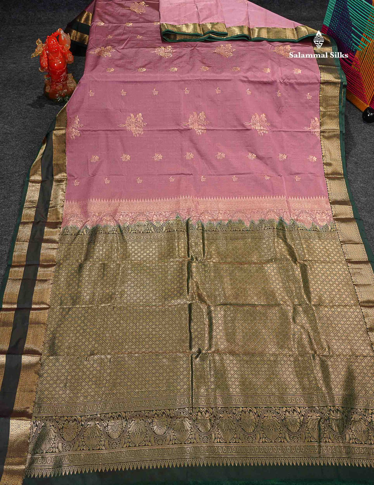 Semi Silk Saree - Light Pink Colour Body Zari Butta With Bottle Green Gap Border 