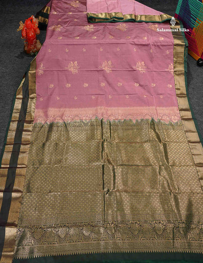 Semi Silk Saree - Light Pink Colour Body Zari Butta With Bottle Green Gap Border 