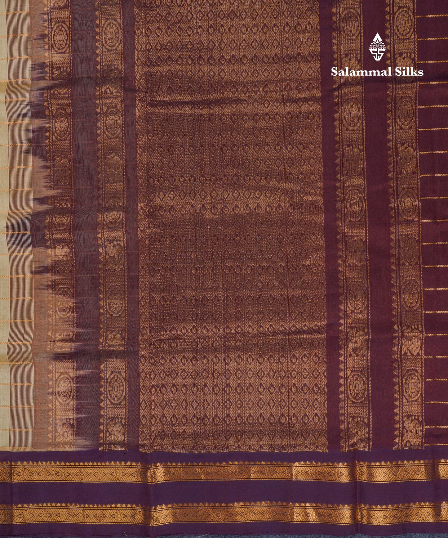 Beige Checks Pure Silk Cotton Saree With Contrast Dark Violet Rettapet Traditional Border