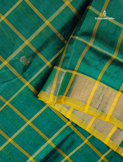 Pure Silk Cotton Saree - Green Colour Body Checks With Zari Butta & Tissue Border