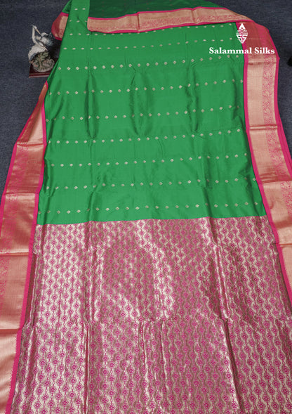 9 Yards Semi Silk Saree Saffire Green With Contrast Pink Traditional Border