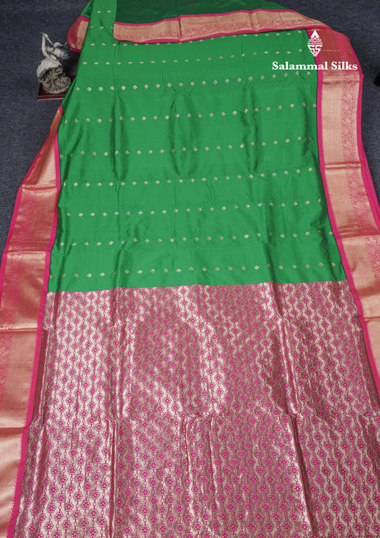 9 Yards Semi Silk Saree Saffire Green With Contrast Pink Traditional Border
