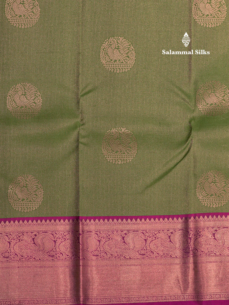 Green Colour Kanjivaram Pure Silk Saree With Magenta Traditional Border