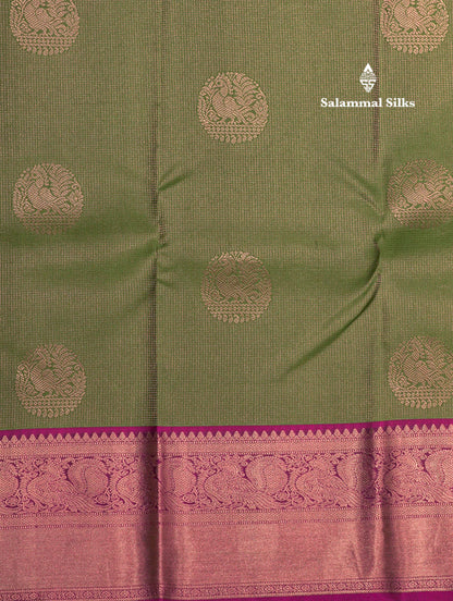 Green Colour Kanjivaram Pure Silk Saree With Magenta Traditional Border