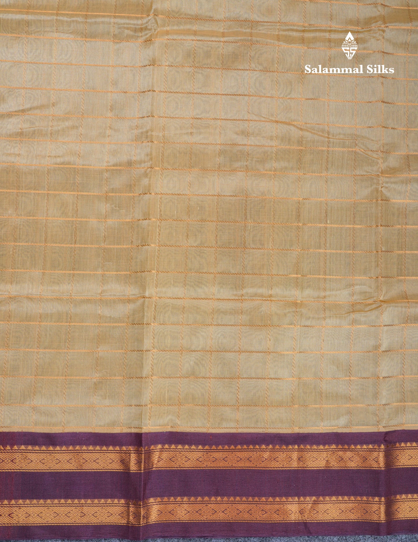 Beige Checks Pure Silk Cotton Saree With Contrast Dark Violet Rettapet Traditional Border