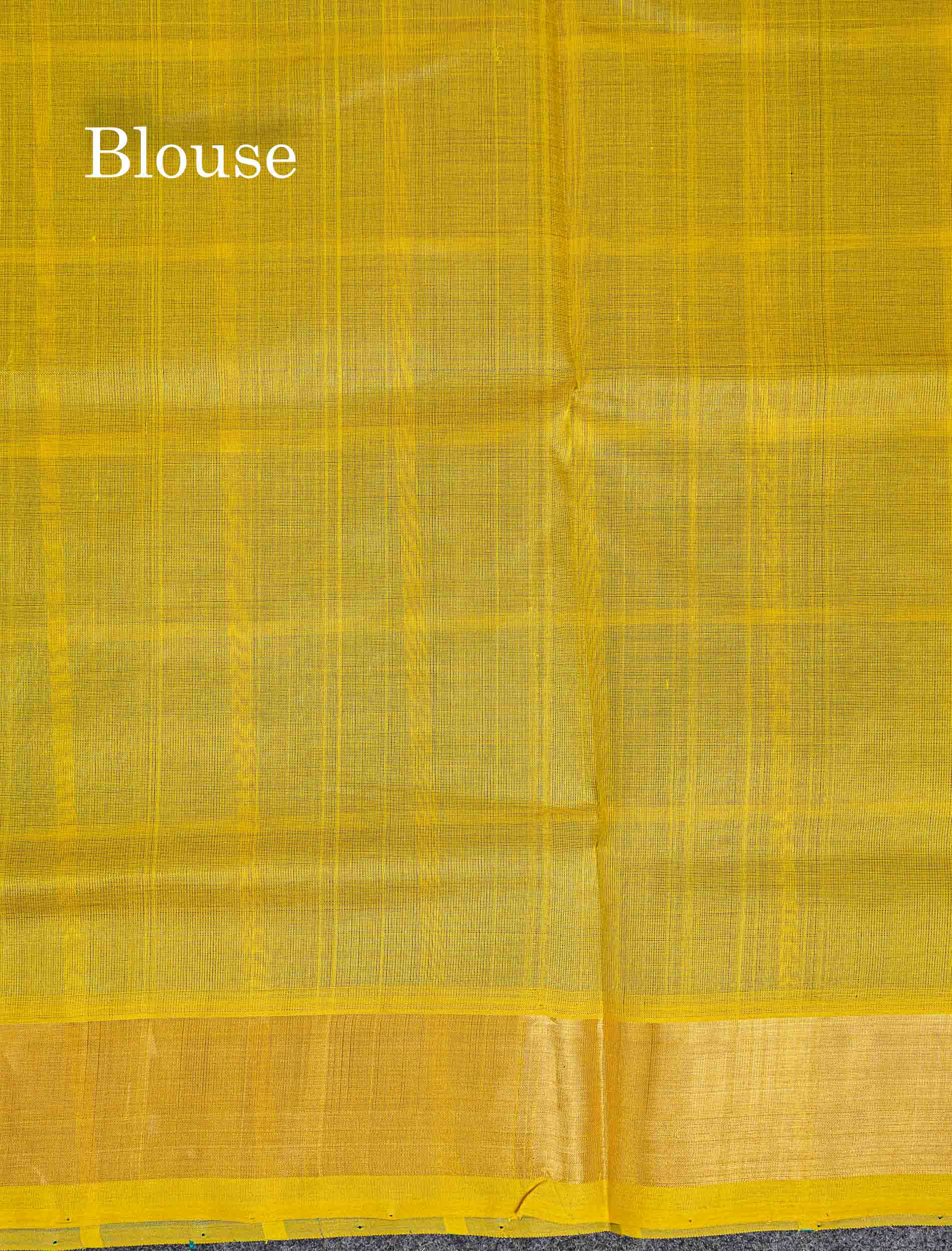 Contrast Dual Tone Lemon Yellow Blouse Of Green Pure Silk Cotton Saree