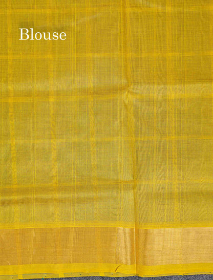 Contrast Dual Tone Lemon Yellow Blouse Of Green Pure Silk Cotton Saree