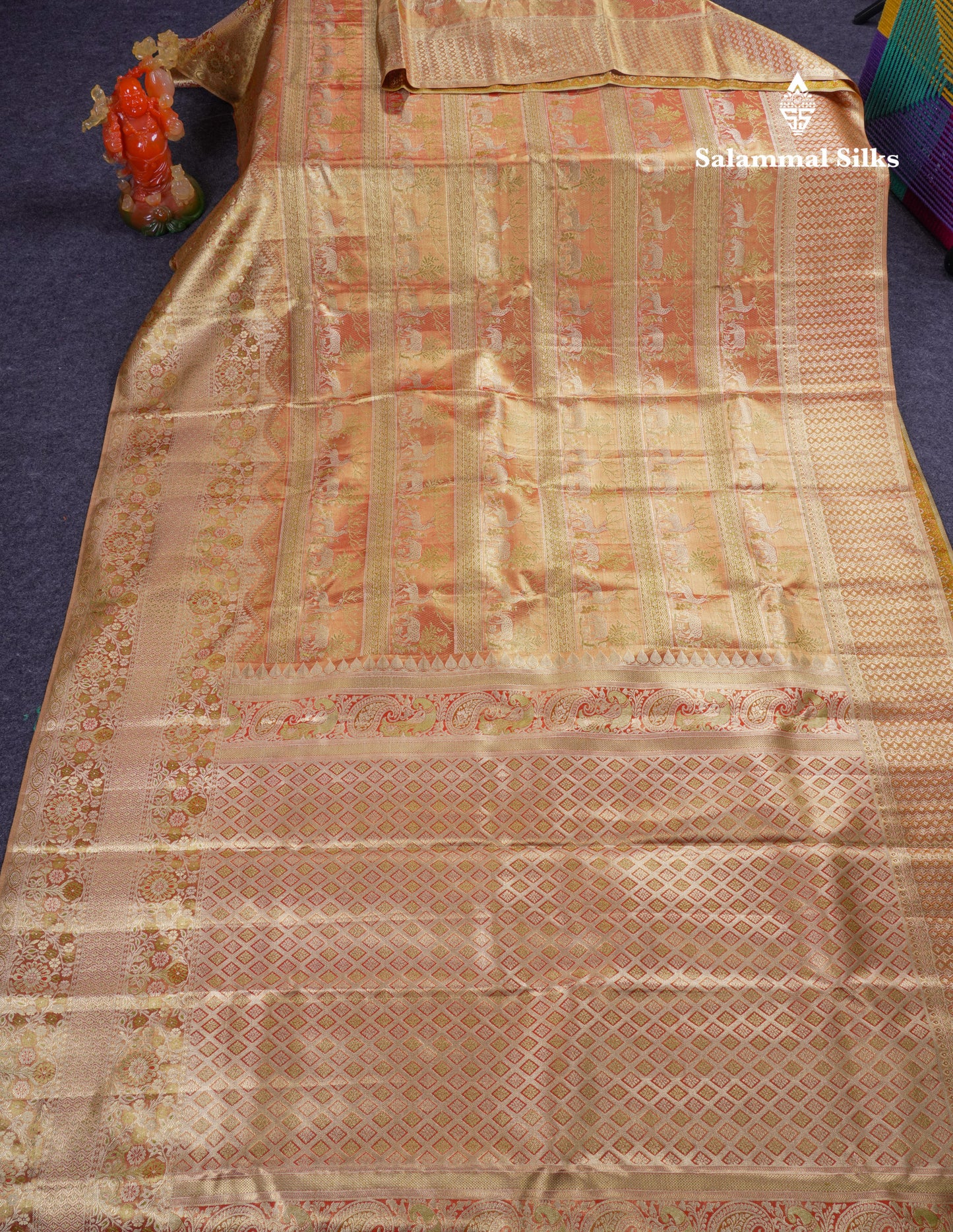 Beautiful Light Orange Tissue Bridal Menakari Work Pure Kanjivaram Silk Saree With Fancy Border
