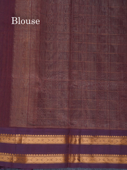 Beige Checks Pure Silk Cotton Saree With Contrast Dark Violet Rettapet Traditional Border