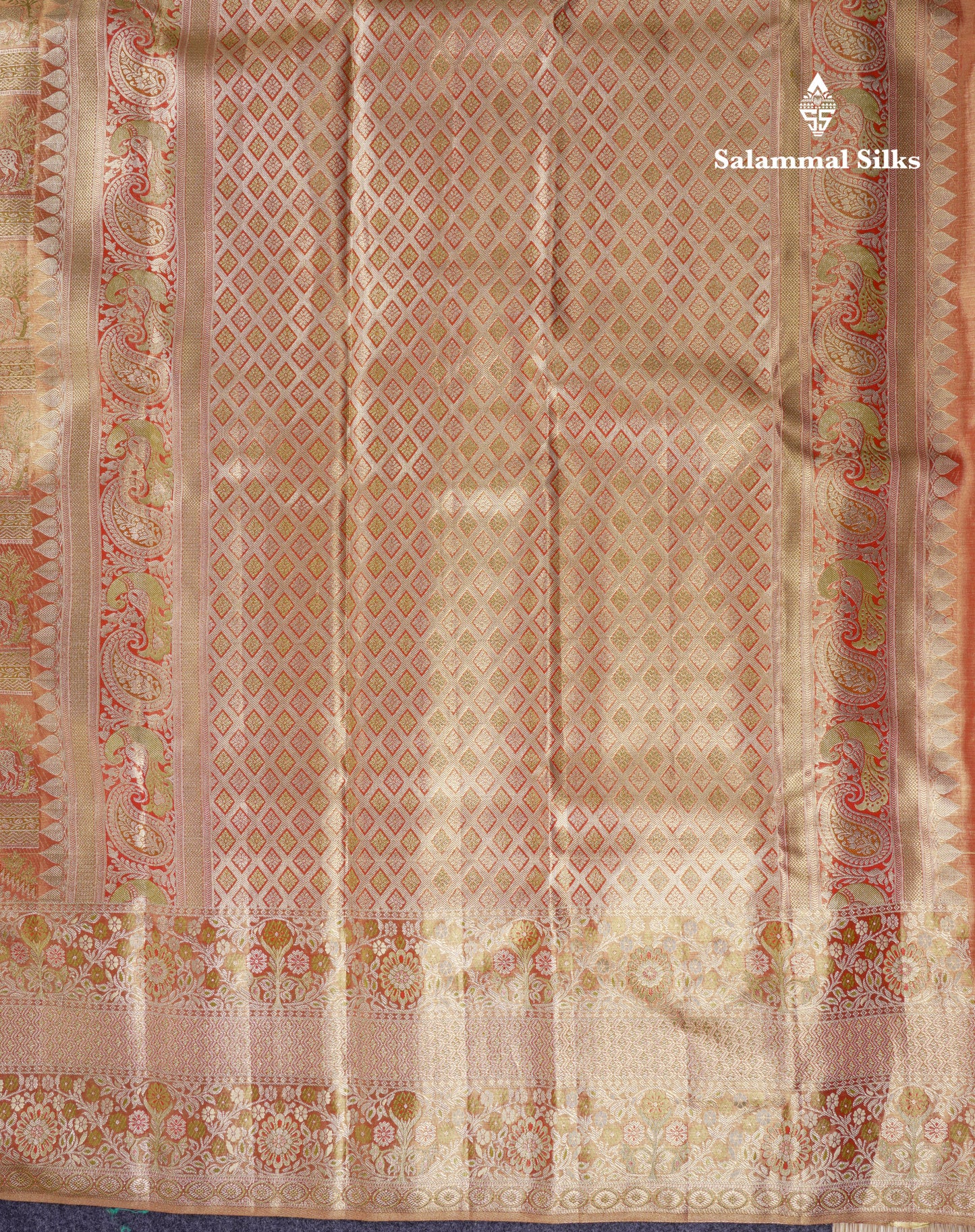 Beautiful Light Orange Tissue Bridal Menakari Work Pure Kanjivaram Silk Saree With Fancy Border