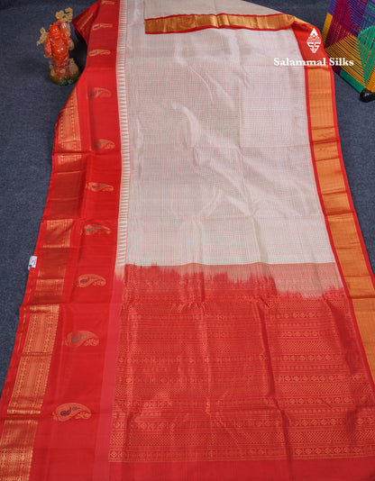 White Tiny Checks Pure Silk Cotton Saree With Contrast Chilly Red Traditional Long Menakari Work Border