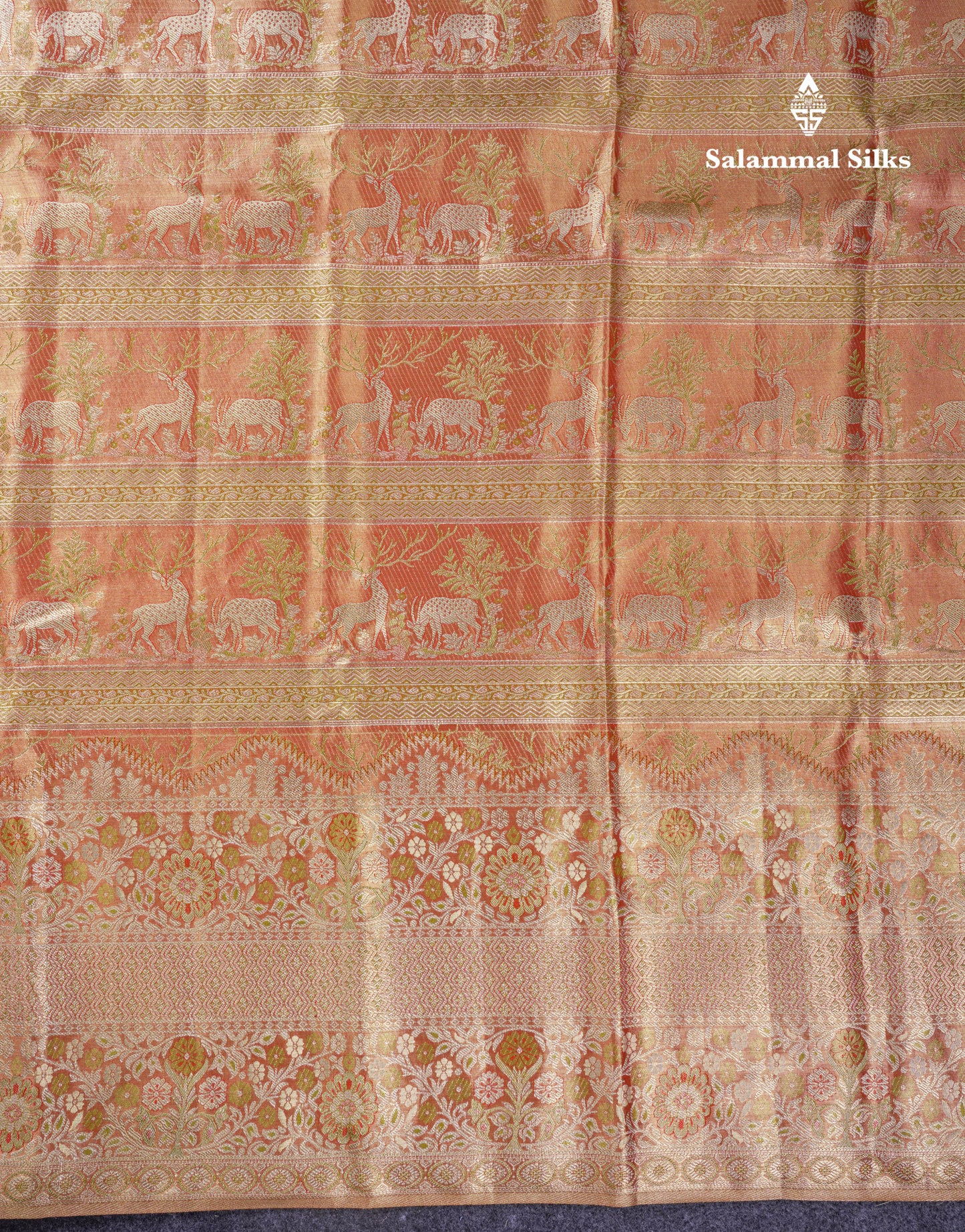 Beautiful Light Orange Tissue Bridal Menakari Work Pure Kanjivaram Silk Saree With Fancy Border