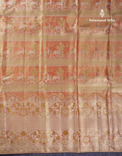 Beautiful Light Orange Tissue Bridal Menakari Work Pure Kanjivaram Silk Saree With Fancy Border