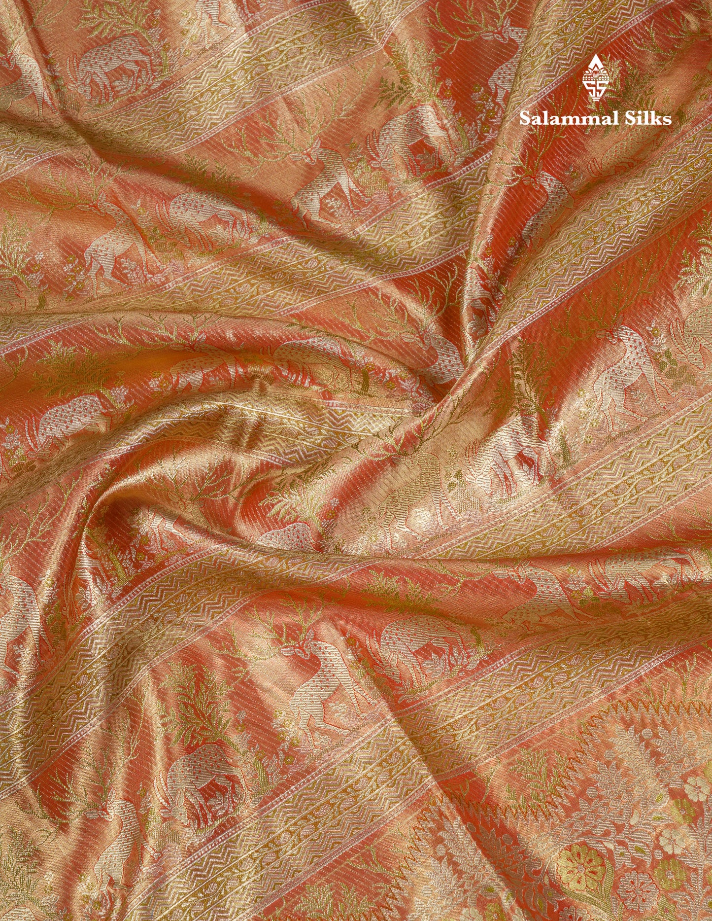 Beautiful Light Orange Tissue Bridal Menakari Work Pure Kanjivaram Silk Saree With Fancy Border