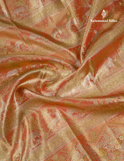 Beautiful Light Orange Tissue Bridal Menakari Work Pure Kanjivaram Silk Saree With Fancy Border