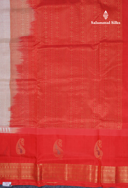 White Tiny Checks Pure Silk Cotton Saree With Contrast Chilly Red Traditional Long Menakari Work Border