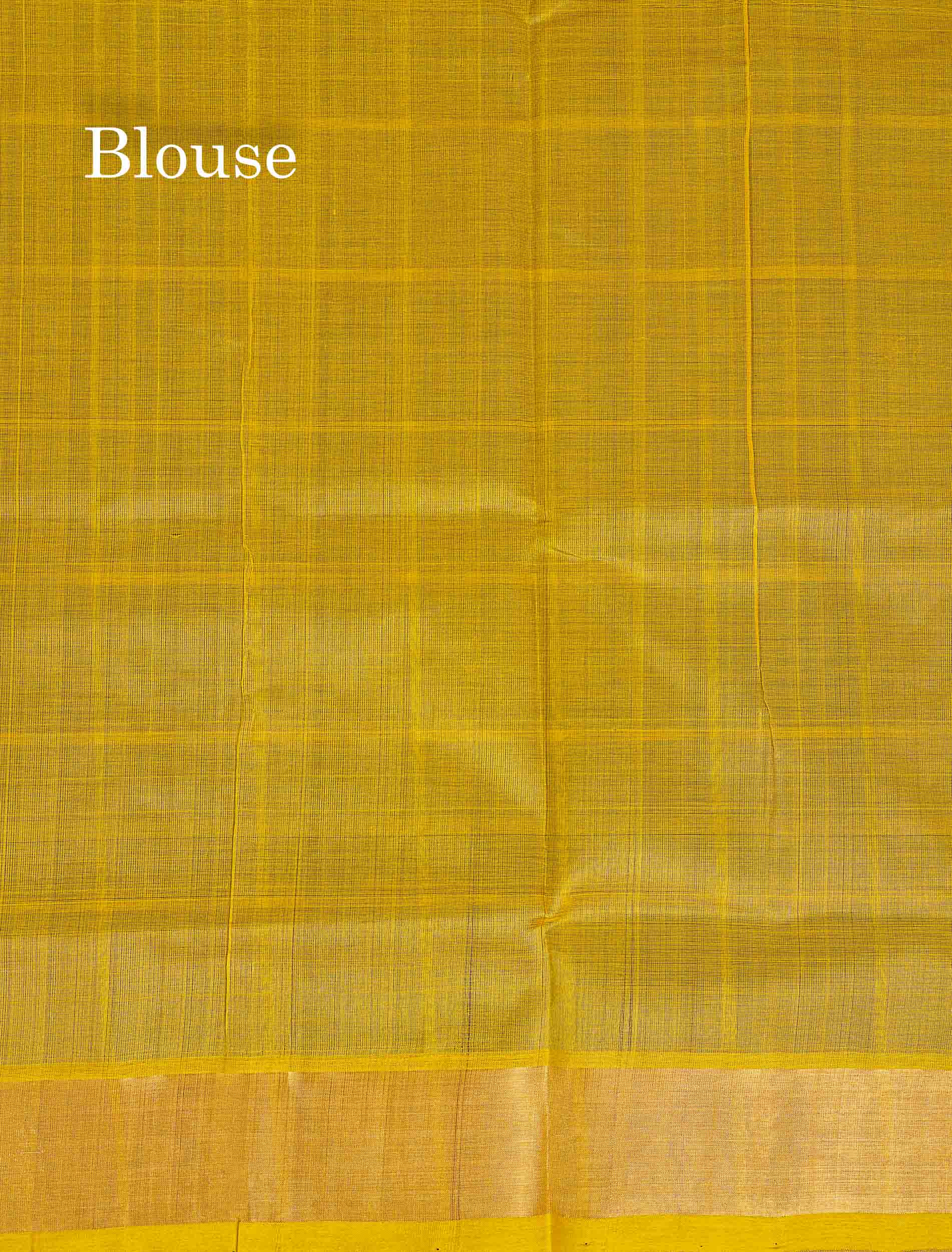 Contrast Light Mustard yellow Blouse Of Violet Pure Silk Cotton Saree