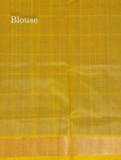 Contrast Light Mustard yellow Blouse Of Violet Pure Silk Cotton Saree