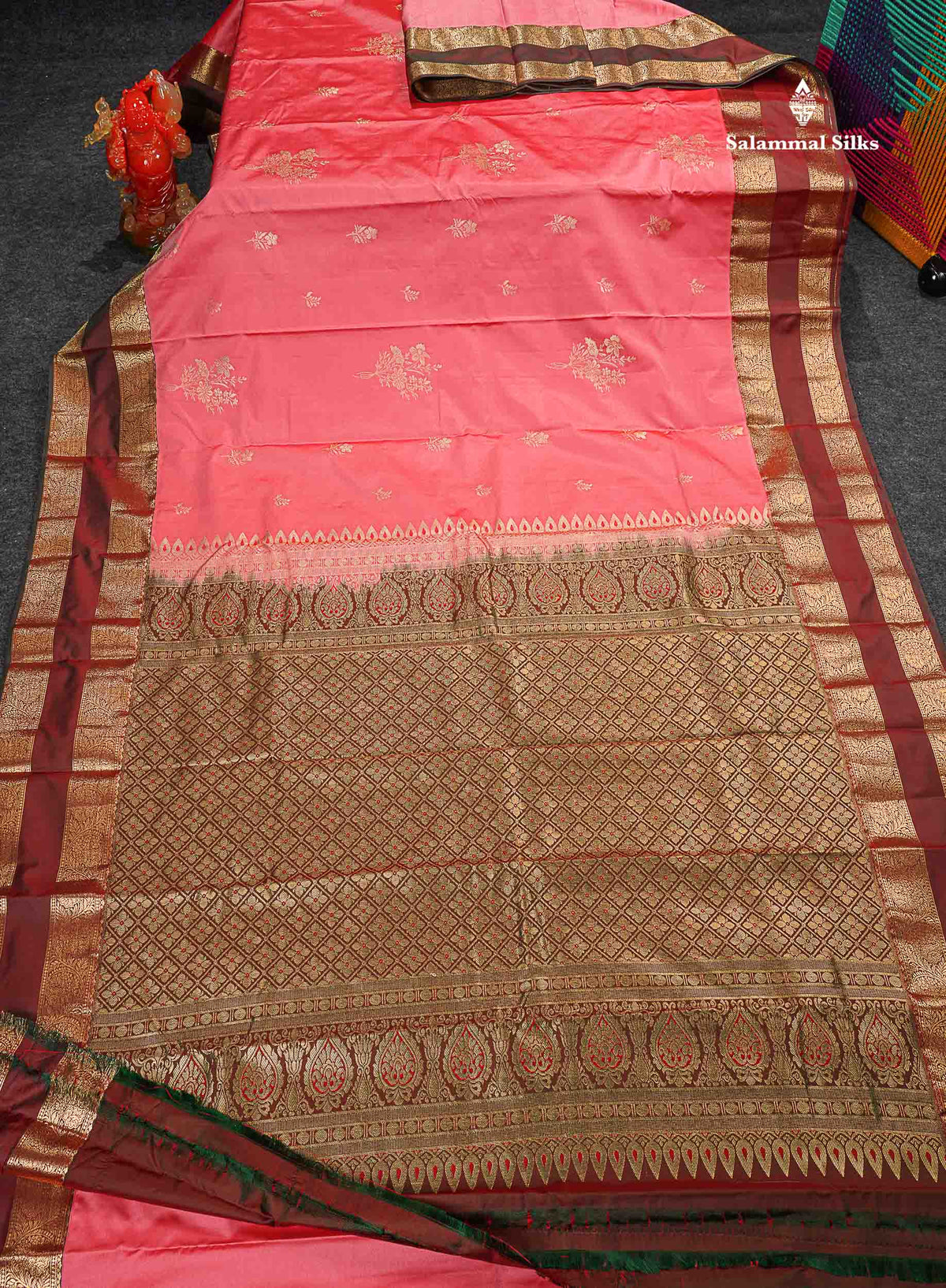 Semi Silk Saree - Pink Colour Body Zari Butta With Dual Tone Maroon  Gap Border 