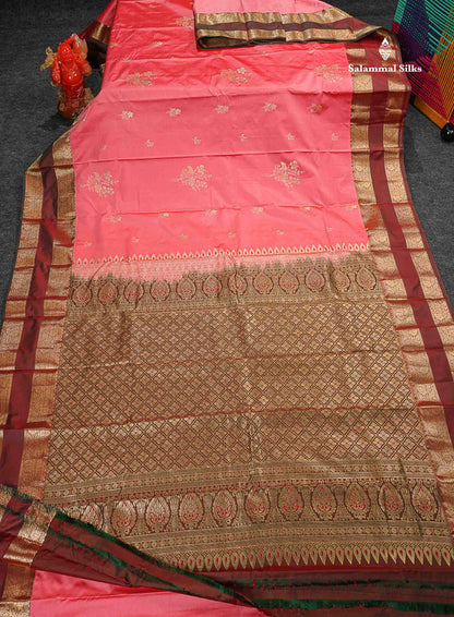 Semi Silk Saree - Pink Colour Body Zari Butta With Dual Tone Maroon  Gap Border 