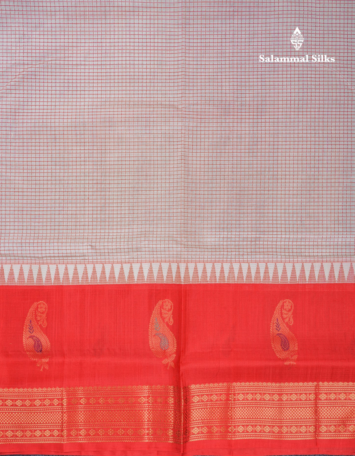 White Tiny Checks Pure Silk Cotton Saree With Contrast Chilly Red Traditional Long Menakari Work Border