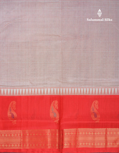 White Tiny Checks Pure Silk Cotton Saree With Contrast Chilly Red Traditional Long Menakari Work Border