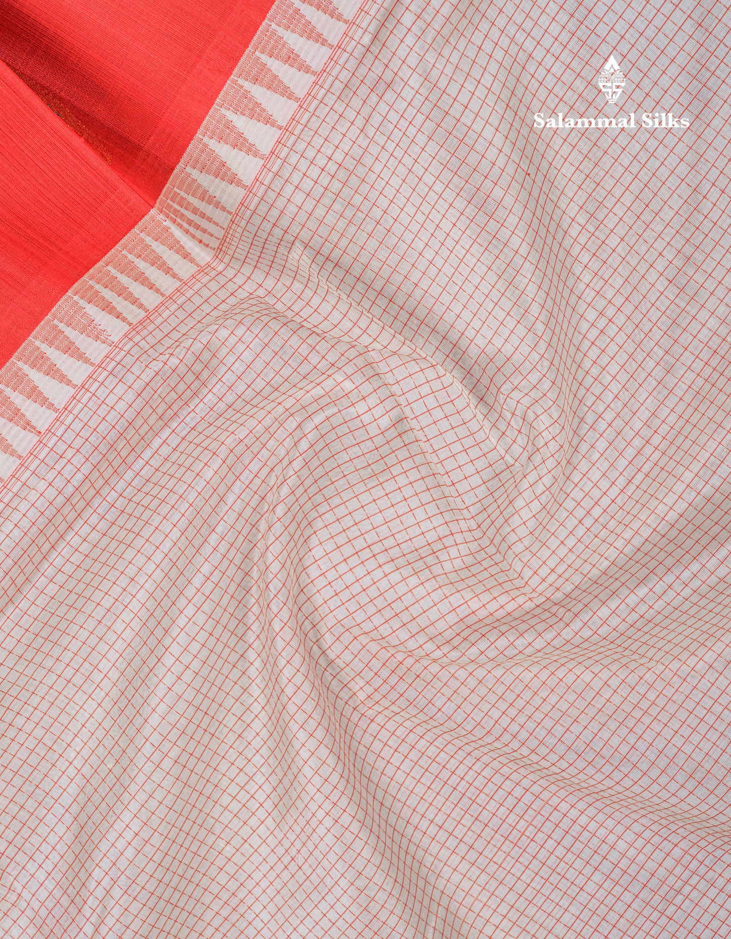 White Tiny Checks Pure Silk Cotton Saree With Contrast Chilly Red Traditional Long Menakari Work Border
