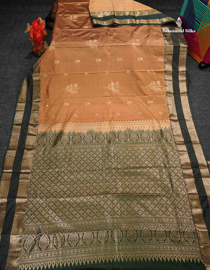 Semi Silk Saree - Sandal Colour Body Zari Butta With Bottle Green Gap Border 