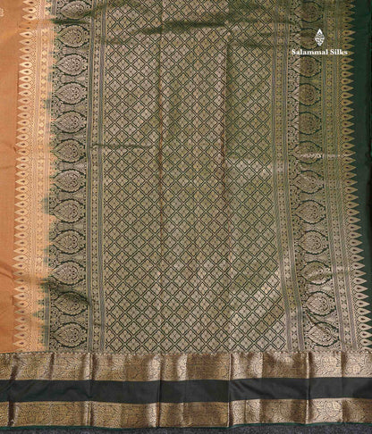 Semi Silk Saree - Olive Mustard Yellow Colour Body Zari Butta With Bottle Green Gap Border