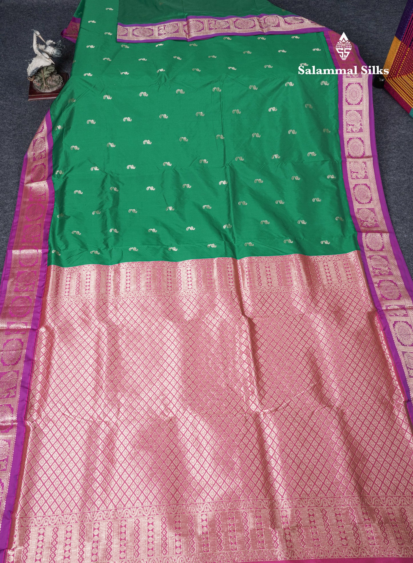 9 Yards Semi Silk Saree Saffire Green With Contrast Purple Traditional Border