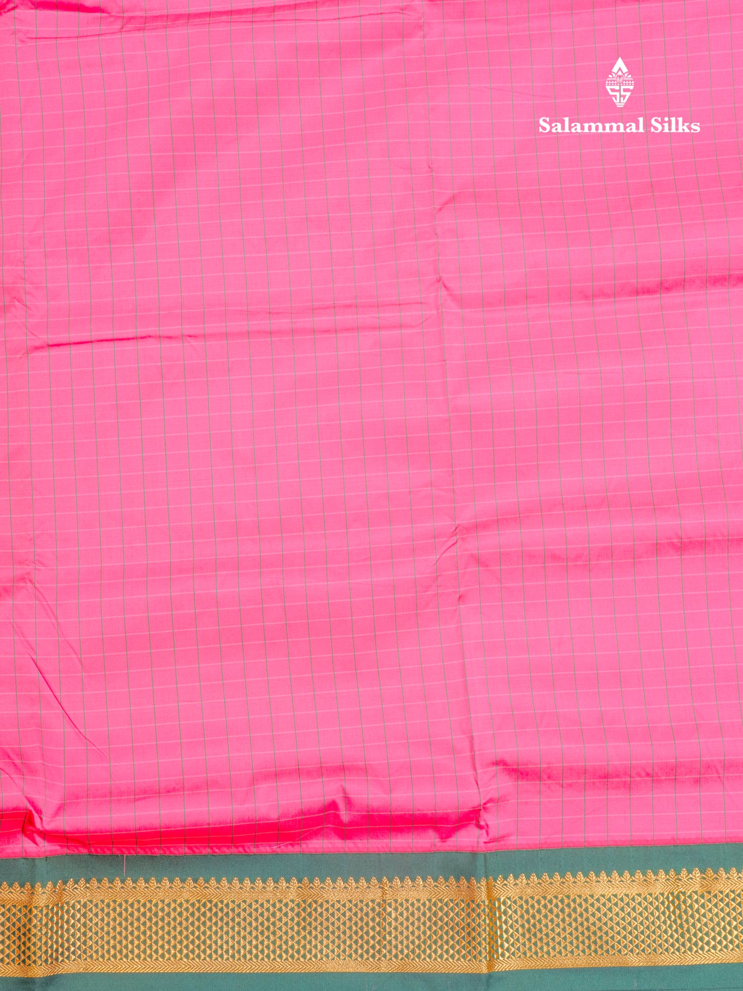 9 Yards Semi Silk Saree Pink Small Checks With Contrast Bottle Green Border