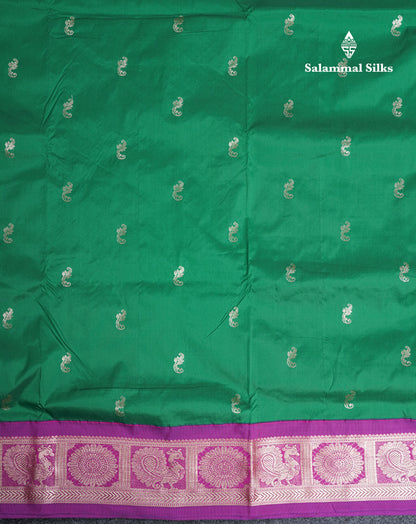 9 Yards Semi Silk Saree Saffire Green With Contrast Purple Traditional Border