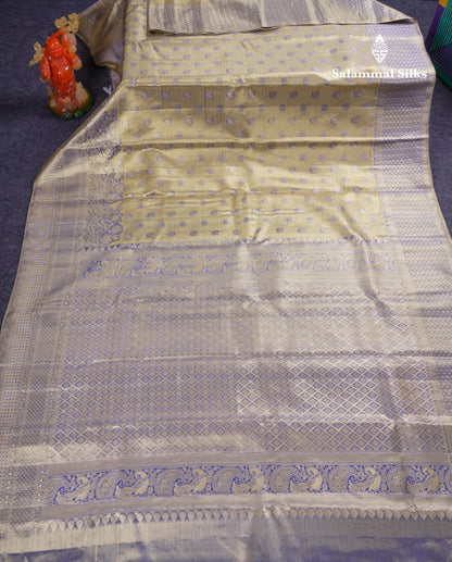 Beautiful Light Gold Tissue Bridal Small Checks With Butta Pure Kanjivaram Silk Saree With Contrast Violet Fancy Border