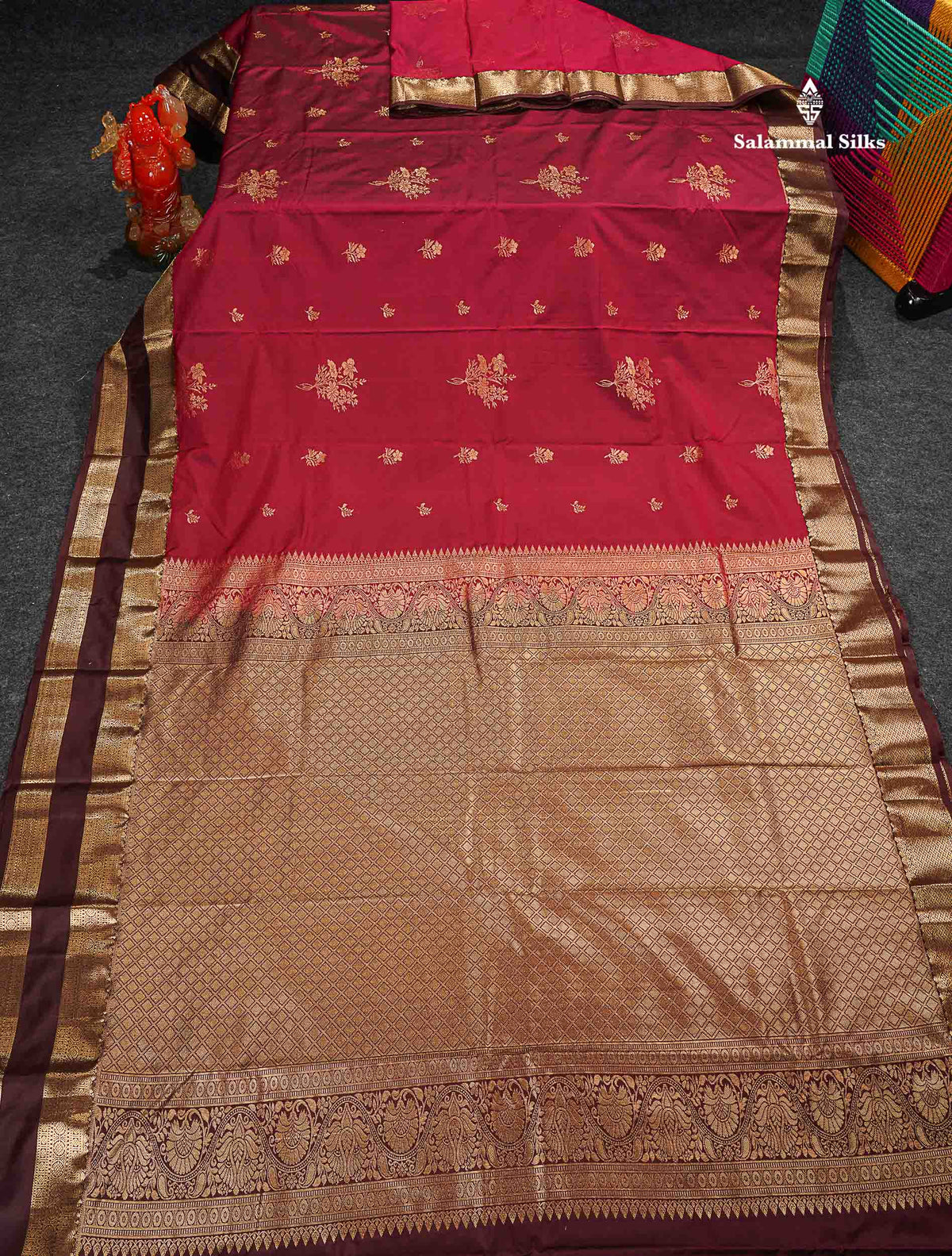 Semi Silk Saree - Maroon Colour Body Zari Butta With Dark Brown Gap Border 