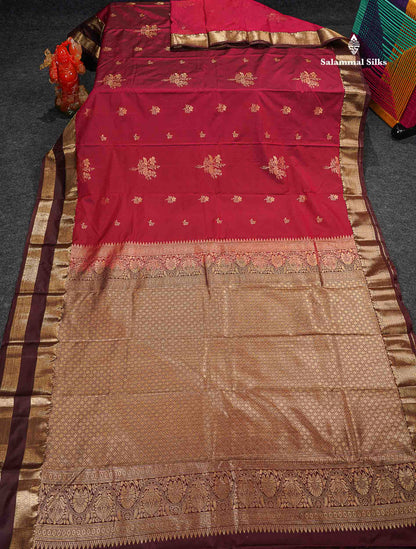 Semi Silk Saree - Maroon Colour Body Zari Butta With Dark Brown Gap Border 