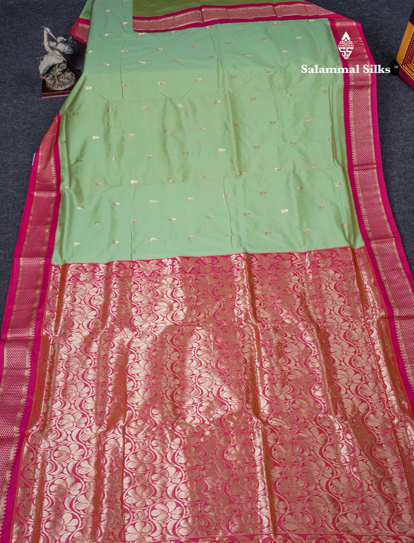 9 Yards Semi Silk Saree Pista Green With Contrast Pink Border