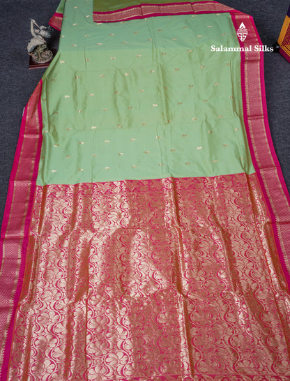 9 Yards Semi Silk Saree Pista Green With Contrast Pink Border